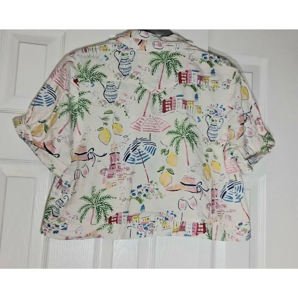 Calypso st Barth womens medium linen boxy crop top cream green Hawaiian beach